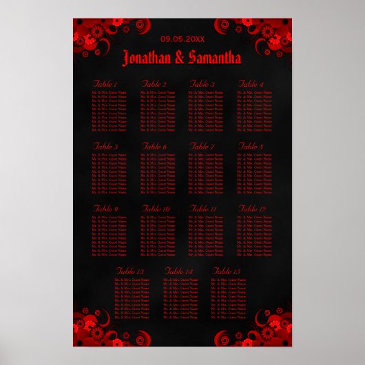 Blumenrot und schwarz 15 Hochzeitstabellen Sitzpla Poster (Vorne)