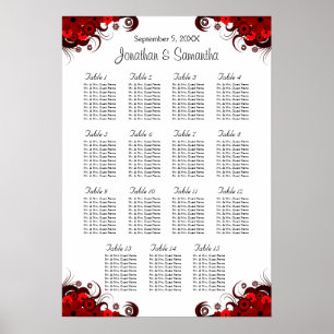 Blumenrot & weiß 15 Hochzeitstische Sitzplan Poster