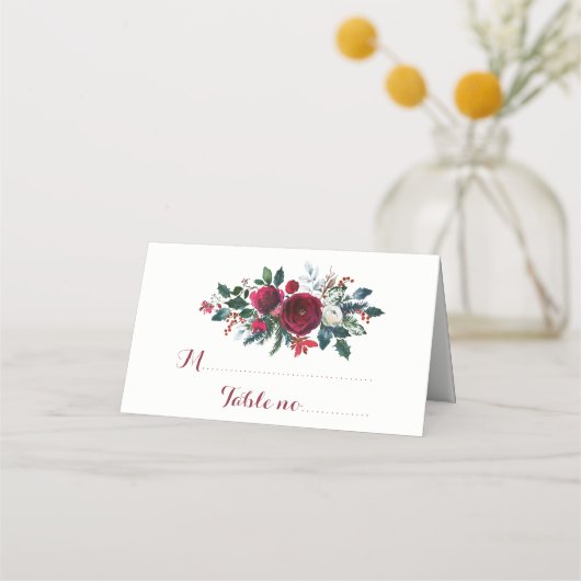 Blumenroter Bordeaux-Winter-Bouquet Hochzeitsgast Platzkarte (Vorderseite)