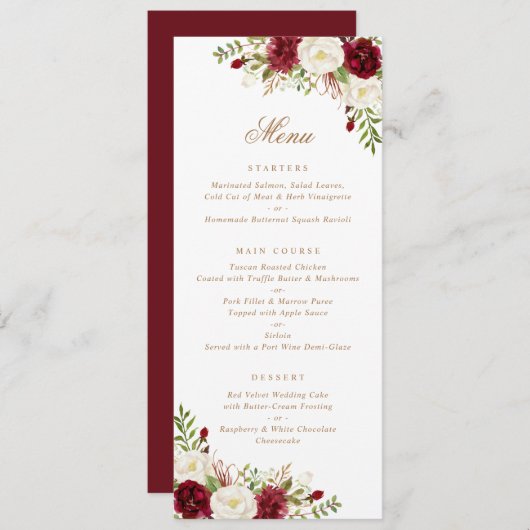 Blumenroter Burgund Weiße Vegetation Moderne Minim Menükarte (Vorne/Hinten)