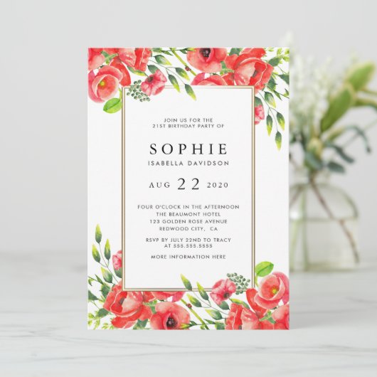 Blumenroter Pfeffer Geburtstagsparty Einladung (Stehend Vorderseite)