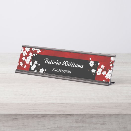 Blumenroter Schwarz-weißer Kirschblossom Schreibtischnamensplakette (Vorderseite )