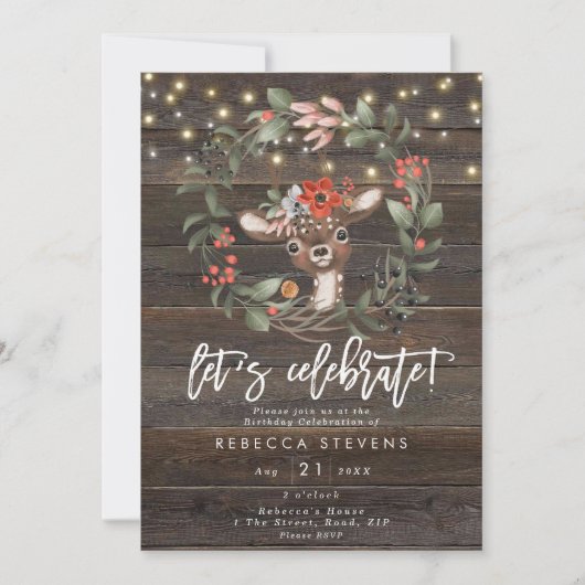 Blumenrustikale Hirsche zum Geburtstag Einladung (Vorderseite)