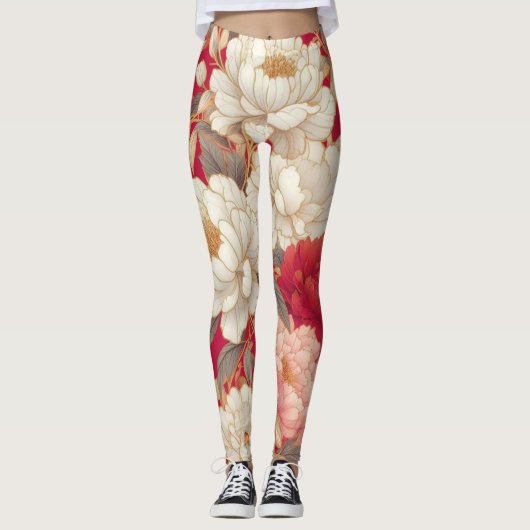Blumenrustikale Vintage Rot Leggings (Vorderseite)