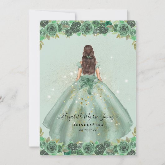 Blumensage Green Gold Glaess Prinzessin Quinceaner Einladung (Rückseite)