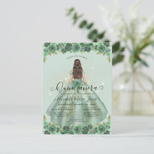 Blumensage Green Gold Glaess Prinzessin Quinceaner Postkarte (Stehend Vorderseite)