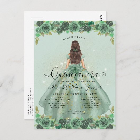 Blumensage Green Gold Glaess Prinzessin Quinceaner Postkarte (Vorne/Hinten)