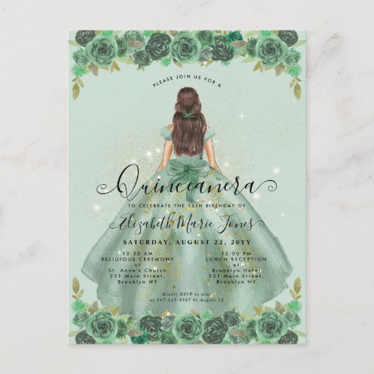 Blumensage Green Gold Glaess Prinzessin Quinceaner Postkarte (Vorderseite)
