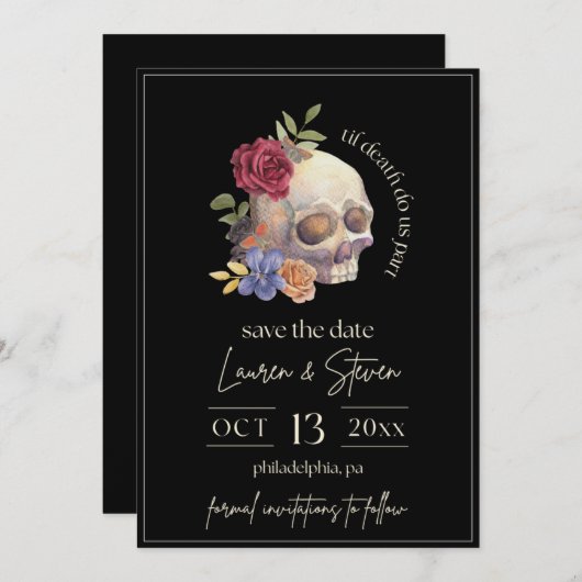 Blumenschädel bis zum Tod nehmen wir Save the Date Einladung (Vorne/Hinten)