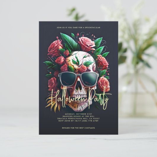 Blumenschädel Dunkelgrau-Halloween-Party Einladung (Stehend Vorderseite)