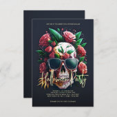 Blumenschädel Dunkelgrau-Halloween-Party Einladung (Vorne/Hinten)
