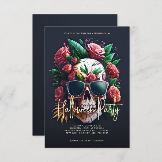 Blumenschädel Dunkelgrau-Halloween-Party Einladung (Vorne/Hinten)