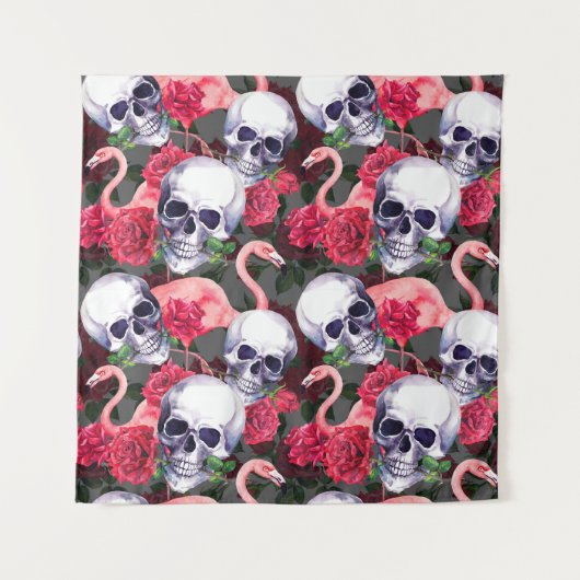 Blumenschädel, Flamingo nahtloses Muster. Wandteppich (Vorderseite)