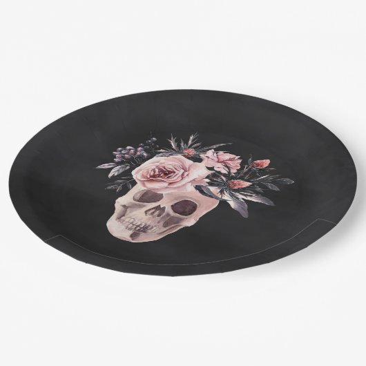 Blumenschädel-Halloween-Party Pappteller (Schrägansicht)