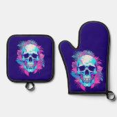 Blumenschädel im Vaporwave-Stil Ofenhandschuh & Topflappen-Set (Vorderseite)