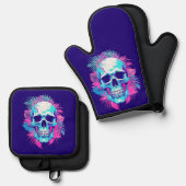 Blumenschädel im Vaporwave-Stil Ofenhandschuh & Topflappen-Set (Vorderseite/Rückseite)