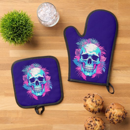 Blumenschädel im Vaporwave-Stil Ofenhandschuh & Topflappen-Set (Oben Unten)