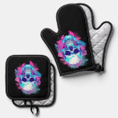 Blumenschädel im Vaporwave-Stil Ofenhandschuh & Topflappen-Set (Vorderseite/Rückseite)