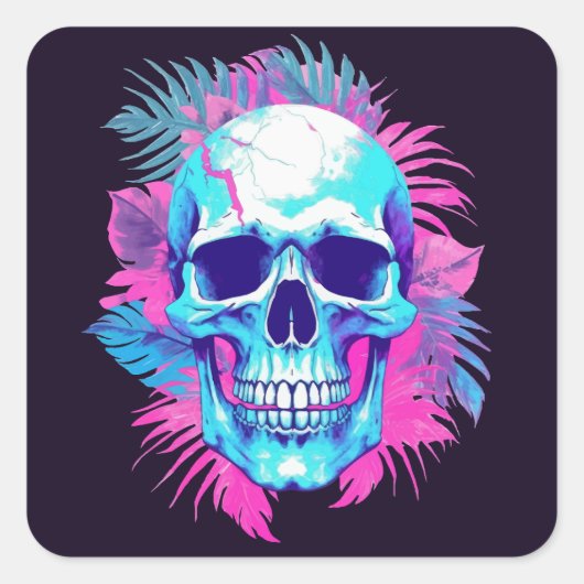Blumenschädel im Vaporwave-Stil Quadratischer Aufkleber (Vorderseite)