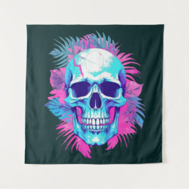 Blumenschädel im Vaporwave-Stil Wandteppich
