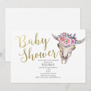 Blumenschädel-Kuh Gold Boho Babyshower-Einladung Einladung