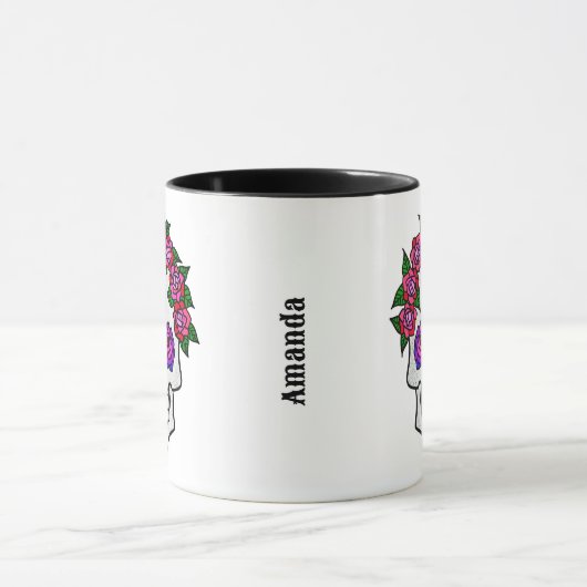 Blumenschädel-Rose Individuelle Name Halloween Whi Tasse (Zentrum)