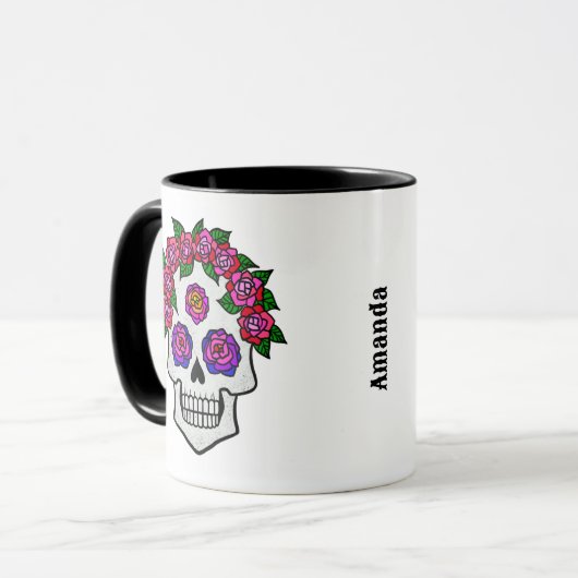 Blumenschädel-Rose Individuelle Name Halloween Whi Tasse (Vorderseite Links)