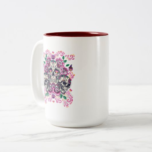Blumenschädel, Skelett, Aquarellpinke, Halloween Zweifarbige Tasse (Vorderseite Links)