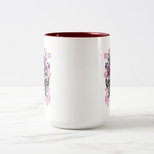 Blumenschädel, Skelett, Aquarellpinke, Halloween Zweifarbige Tasse (Mittel)
