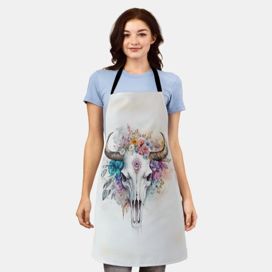 Blumenschädel-Stier-Wasserfarben-Kunst Schürze (Getragen)