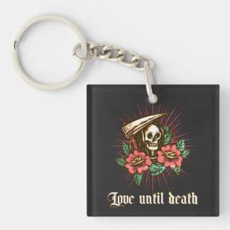 Blumenschädel und Rose mit Liebe bis zum Tod Schlüsselanhänger