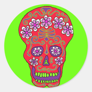 Blumenschädelaufkleber im Rot Runder Aufkleber