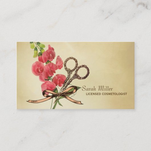 Blumenschererosa des Vintagen girly Haar-Stylisten Visitenkarte (Vorderseite)