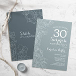 Blumenschiefer Blaue Überraschung 30. Geburtstag P Einladung<br><div class="desc">Einfache marinengräber Überraschung 30. Geburtstag Party Einladung. Minimalistisches modernes Design in schiefer,  staubblauer Farbe mit botanischen Akzenten und Typografie-Script-Schriftart. Stahlblau-weiß-feminine Blütenkarte perfekt für eine stilvolle Frauen Überraschungsfeier. Kann für jedes Alter angepasst werden.</div>