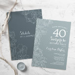 Blumenschiefer Blaue Überraschung 40. Geburtstag P Einladung<br><div class="desc">Einfache marinengräber Überraschung 40. Geburtstag Party Einladung. Minimalistisches modernes Design in schiefer,  staubblauer Farbe mit botanischen Akzenten und Typografie-Script-Schriftart. Stahlblau-weiß-feminine Blütenkarte perfekt für eine stilvolle Frauen Überraschungsfeier. Kann für jedes Alter angepasst werden.</div>