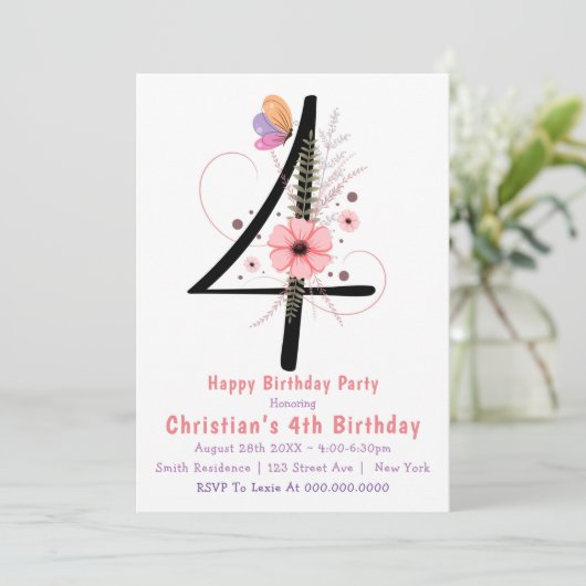 Blumenschmetterling 4. Geburtstag Einladungen (Stehend Vorderseite)