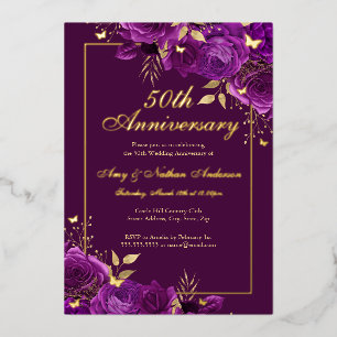 Blumenschmetterling Lila 50. Hochzeitstag Folieneinladung