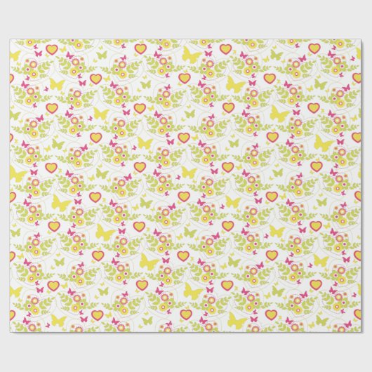 Blumenschmetterlinge und Herz-Frühlingsmuster Geschenkpapier (Flach)