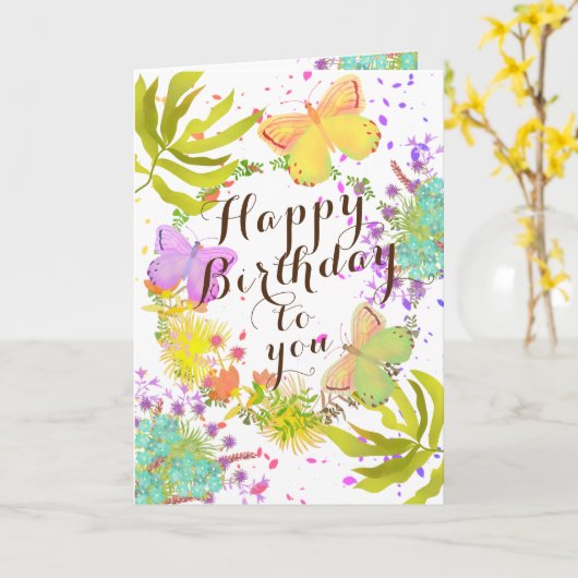 Blumenschmetterlinge zum Geburtstag. Karte (Gelbe Blume)