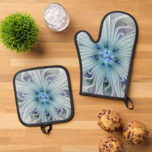 Blumenschönheit abstrakt modern blau Pastellblume Ofenhandschuh & Topflappen-Set