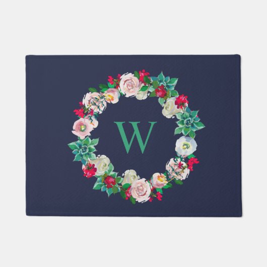 Blumenschreath Mit Monogramm Navy Blue Fußmatte (Vorderseite)