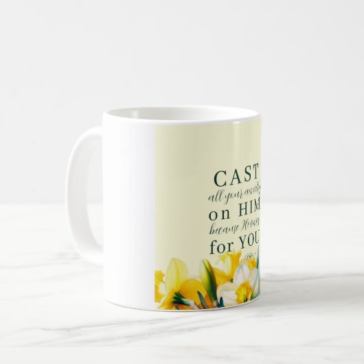 Blumenschrift 1 Peter 5:7 Kaffeetasse (Vorderseite Links)
