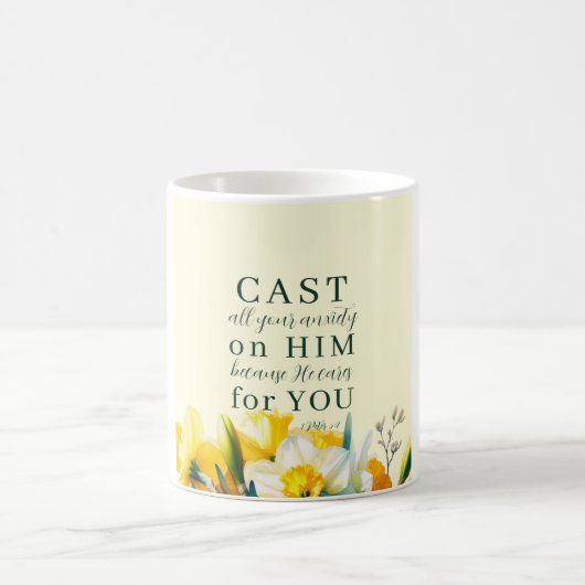 Blumenschrift 1 Peter 5:7 Kaffeetasse (Mittel)