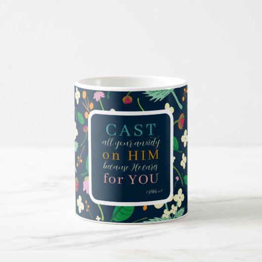 Blumenschrift 1 Peter 5:7 Kaffeetasse (Mittel)