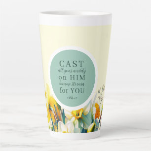 Blumenschrift 1 Peter 5:7 Latte Tasse