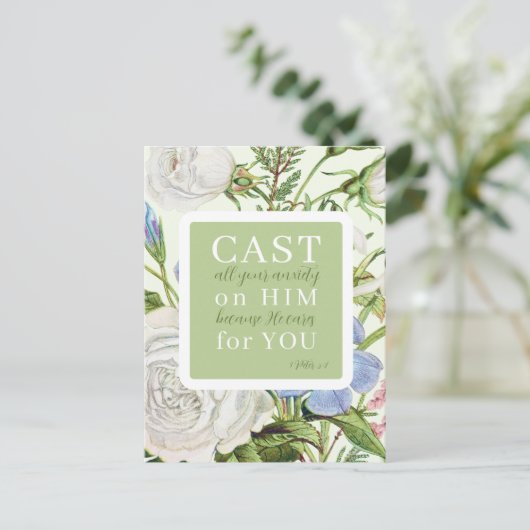 Blumenschrift 1 Peter 5:7 Postkarte (Stehend Vorderseite)