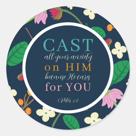 Blumenschrift 1 Peter 5:7 Runder Aufkleber (Vorderseite)