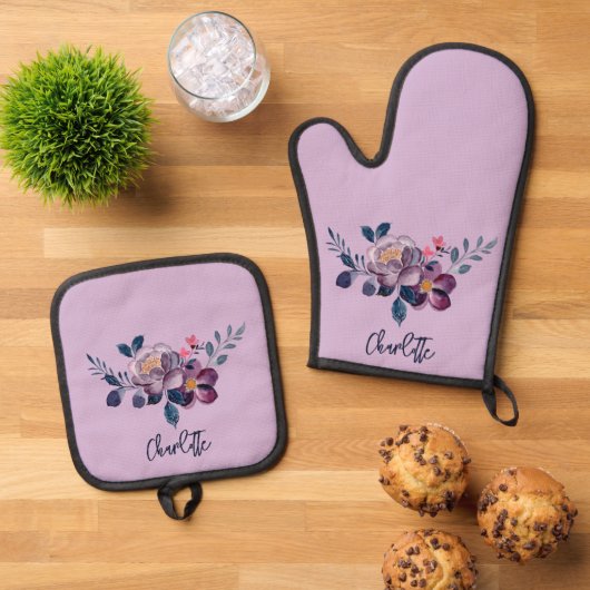 Blumenschrift Lila Bloom Personalisiert Ofenhandschuh & Topflappen-Set (Oben Unten)