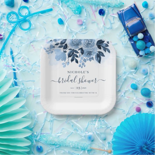 Blumenschrift Navy Blue Watercolor Brautparty Pappteller (Party)