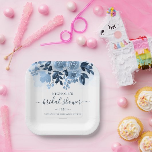 Blumenschrift Navy Blue Watercolor Brautparty Pappteller (Party)